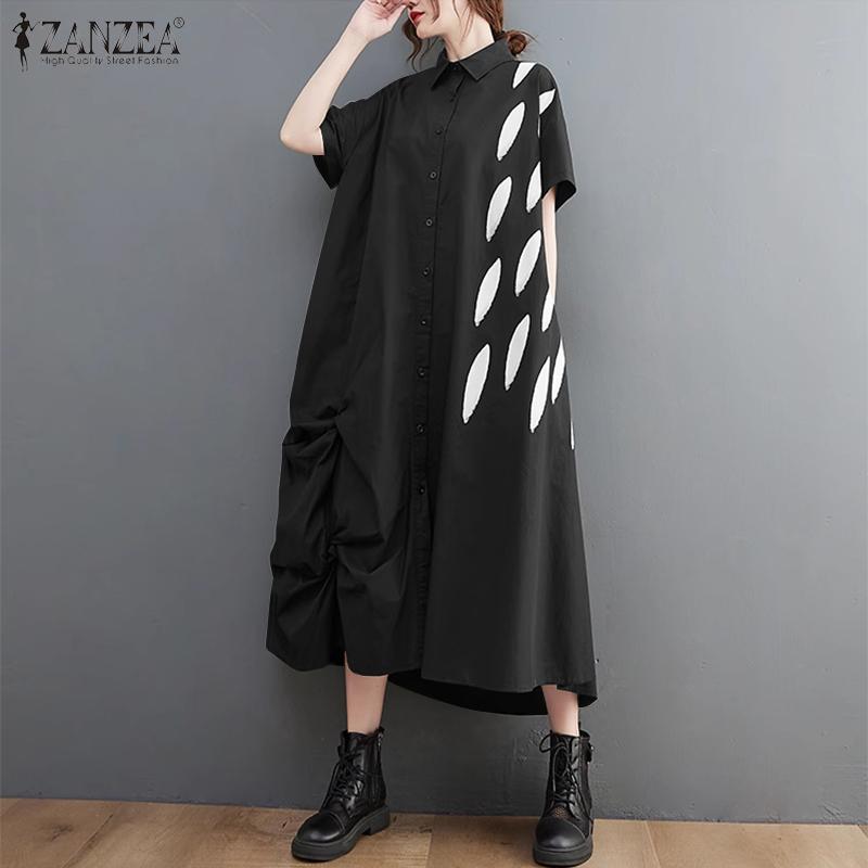 ZANZEA Dámské ležérní košilové šaty s krátkým rukávem, volného střihu, s patworkovým designem a límečkem