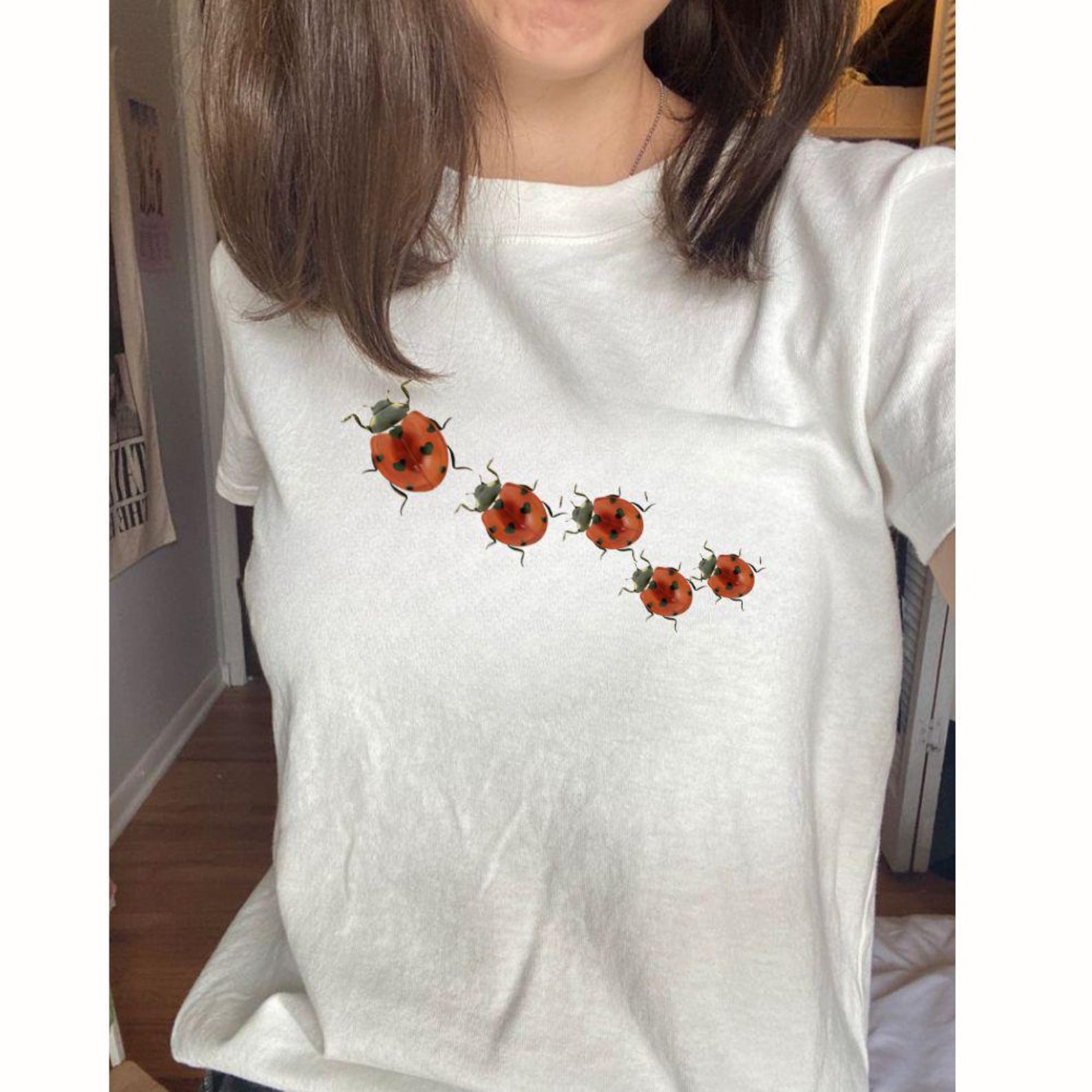 Ladybug Print T-Shirt: Soft Cotton Blend, Unisex Crewneck Casual Top 2XL