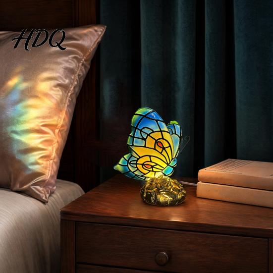 Desk Lamp Warm Light Cute Bedside Table Lamp Butterfly Rose Nightstand Lamps Stained Glass Shape Wing Shade Bedroom Decor Home Decor Romantic Gift