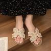 Flat bottom Internet celebrity cool slippers women wear 2025 new summer fairy wind pearl rhinestone word with beach slippers