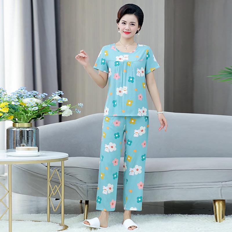 

2026 Summer Women s Short-Sleeve Long Pajama Set for Mid-Aged and Elderly Moms 3XL (Recommended 125-145 jin)