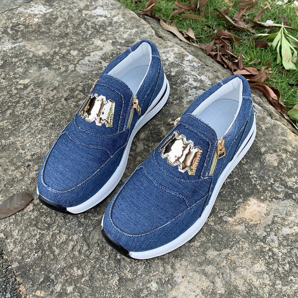 Women's Wide Width Platform Sneakers, Side Zipper Round Toe Flats, Solid Color Wholesale Shoes In Stock