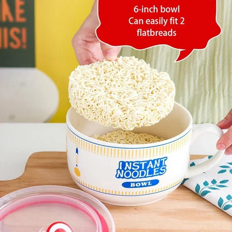 Ramen Bowl Ceramics Rice Bowl with Lid Handle Salad Bento Large Capacity Food Container Home Office School Student Tableware