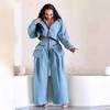 Female's  Loose Denim Set Comfortable Versatile Able Pant and Top Ensemble