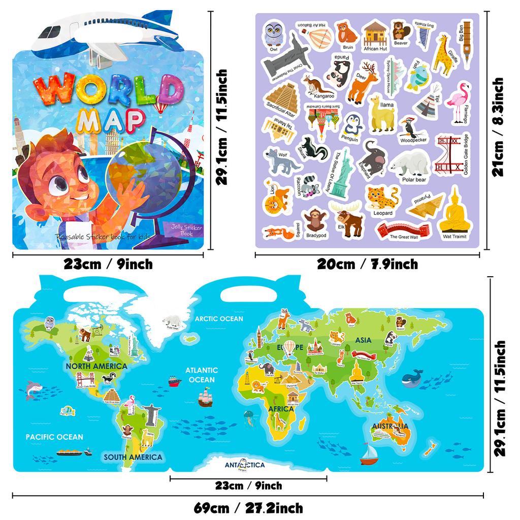 Children'S Early Education Cognition World Map Sticker Concentration Training Can Be Repeatedly Pasted Portable Jelly Sticker Book
