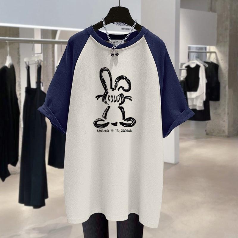 Short-sleeved T-shirt for Women's Pure Cotton Summer New Rabbit Graffiti Korean Loose and Fashionable Mid-length Top