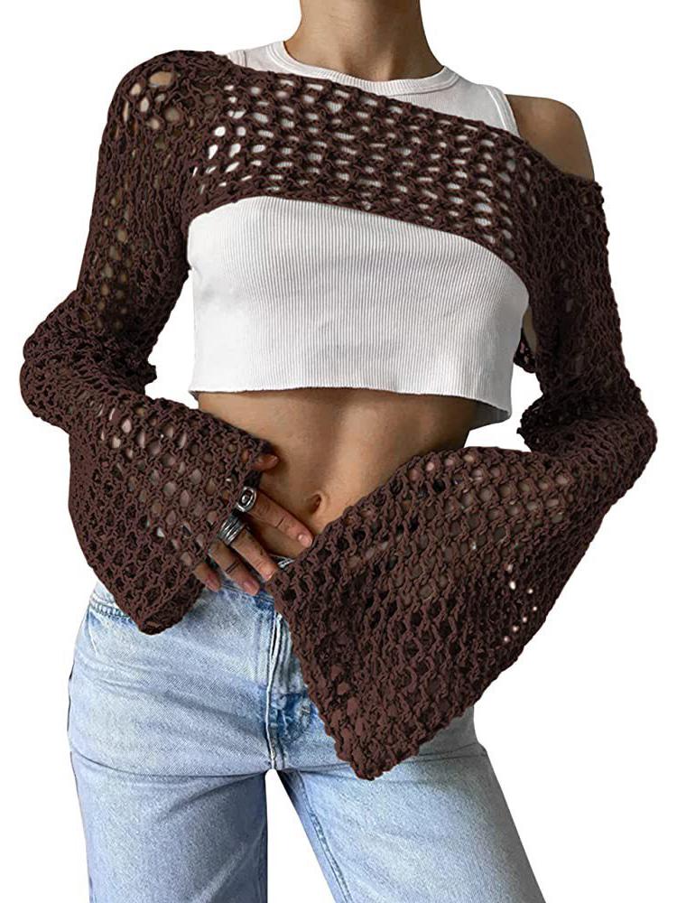 2025 Autumn Women's Ultra-Short Hand-Hooked Mesh Sweater with Trumpet Sleeves