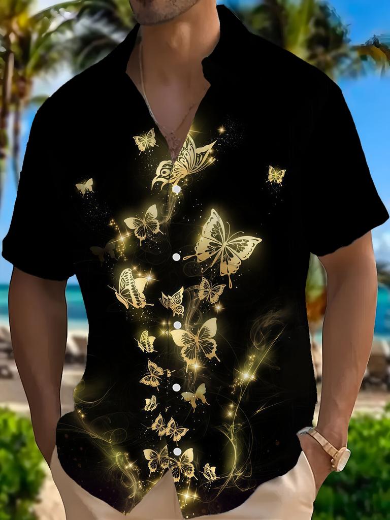 [Print Design – Not Textured] Men'S Dark Night Gilded Butterfly Print Shirt, Aesthetically Restrained Light Luxury Short Sleeve, Suitable As a Gift,