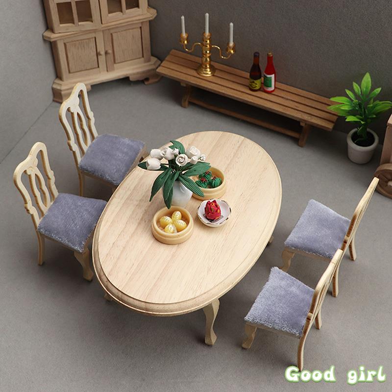 1:12 Dollhouse Miniature Wooden Dining Table Chair Set Simulation Furniture Model Toy For Dollhouse Restaurant Decor 7 Styles