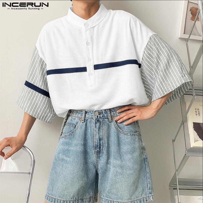 INCERUN Oversized Men Casual Loose Half Sleeve Stitching Striped Shirts