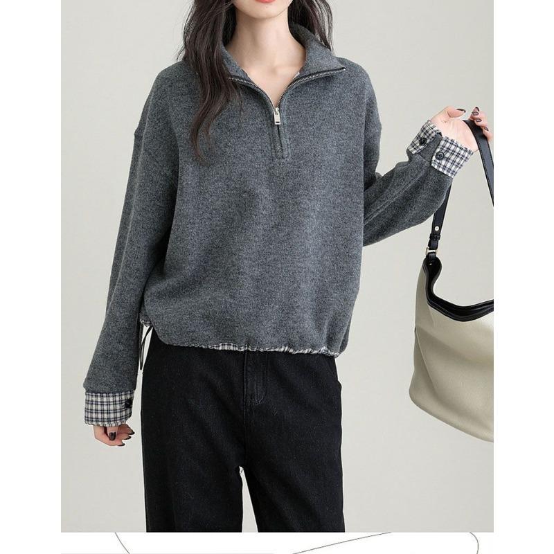 Stand-up Collar Velvet Half-zip Sweatshirt for Women Autumn and Winter New Thickened Warm Plaid Splicing Top