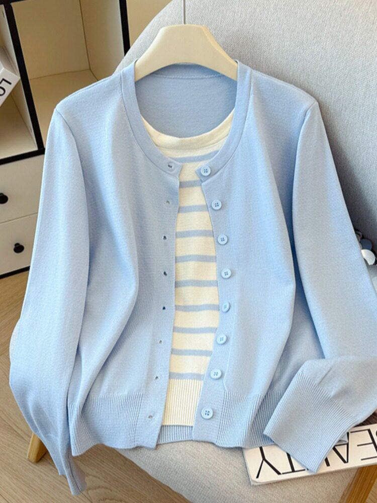 2026 Autumn Korean Style Two-Piece Knit Cardigan: Women's Round Neck Long Sleeve Striped Patchwork Sweater.