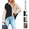 Damen Color Block Korduroy Umlegekragen Knopfleiste Hemd Locker Lässig Langarm Bluse Top