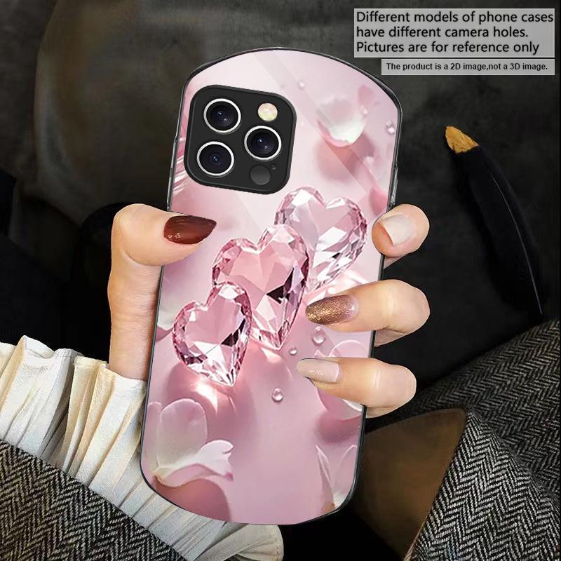 Flower Heart Shaped Pink For iPhone 16 15 14 Pro 13 Plus 12 Mini 11 13Pro Max XR X S 7 8 6 Elliptical Tempered Glass Phone Case