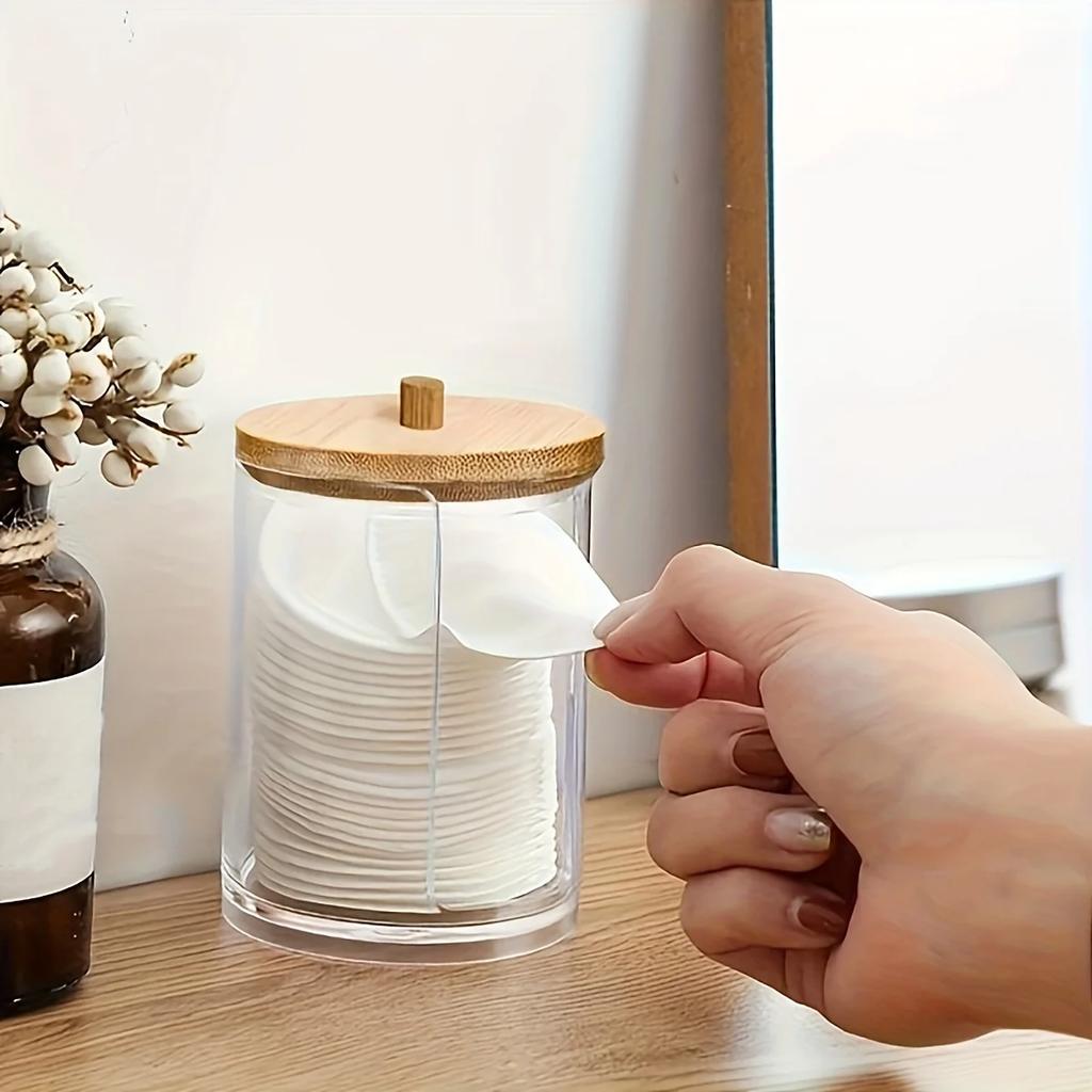1pc Bamboo-covered Cotton Swab Box, Acrylic Round Storage Cup, Transparent Cotton Pad Box