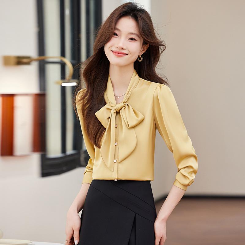 Women's Chiffon Bow Tie Blouse - Long Sleeve Satin Shirt for Spring/Autumn