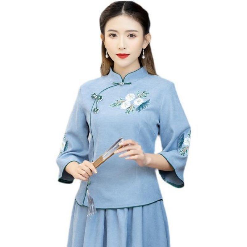 Women's Ethnic Zen Tea Art Embroidered Dress - Vintage Pan Buckle Top with Midi Skirt and Seven-Sleeve Design for Spring/Summer