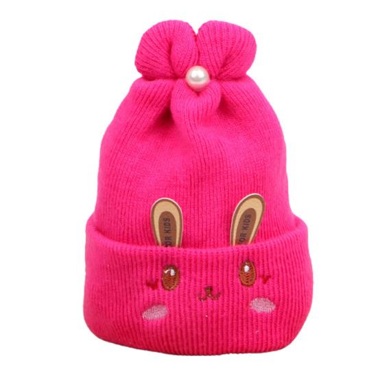 

0-6 Months Knitted Hat Rabbit Ears Embroidery Face Pleated Top Imitation Pearl Decor Stretchy Ear Protection Thicker Autumn Winter розы красного