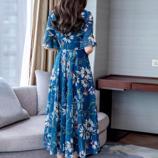 Women's Casual Flowy Chiffon Maxi Dress A-line Ruffle Short Sleeve V Neck Long Dress Boho Floral Summer Dress