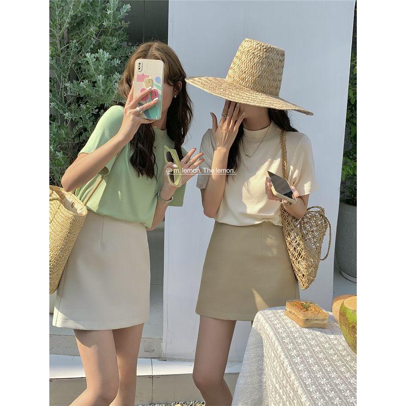 

Korean Style High Waist A- line Spring/Summer Solid Color Suit Skirt