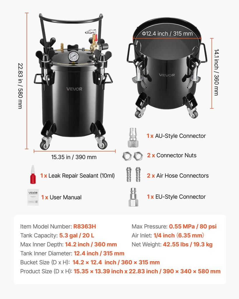 Pressure Pot Paint Tank, 20 L Heavy Duty Steel Pressure Pot Tank, Spray Paint Pressures Pots with Three Quick-Connect Couplers for Home Use, DIY, Art