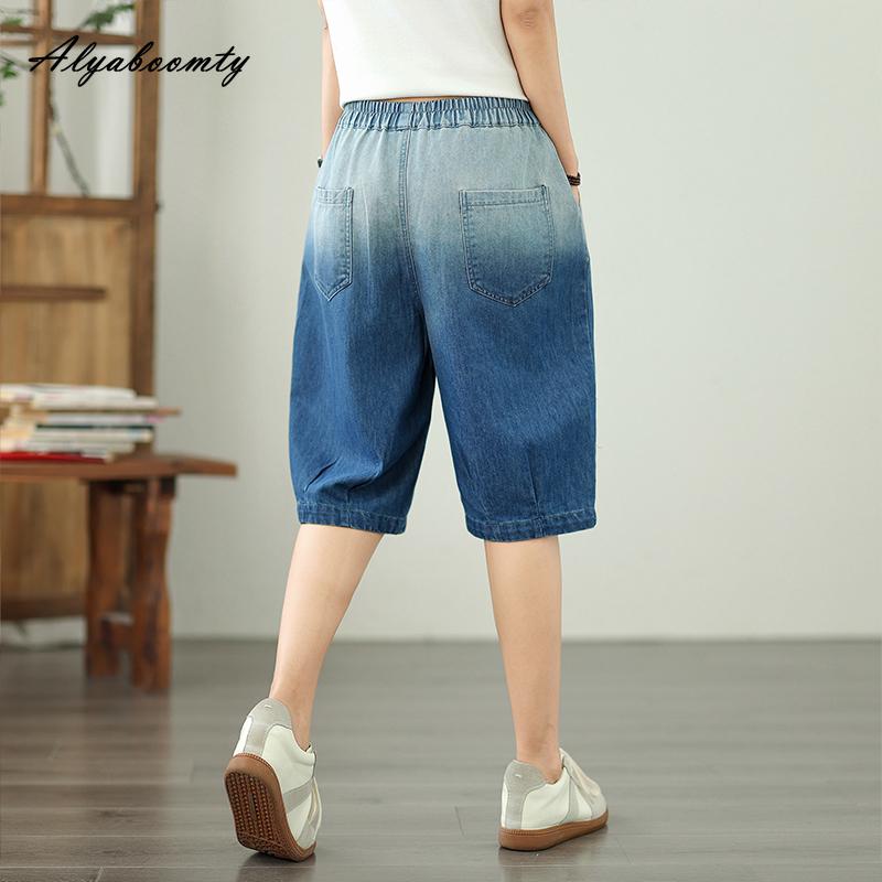 Korean Fashion Summer Women Denim Capris High Waist Contrast Color Embroidery Cartoon Short Jeans Cute Cat Pattern Casual Loose Capris