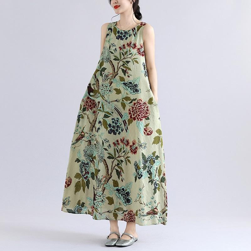 Senza maniche Taglie forti Cotone vintage Floreale Novità in abiti da donna casual abito lungo estivo ampio