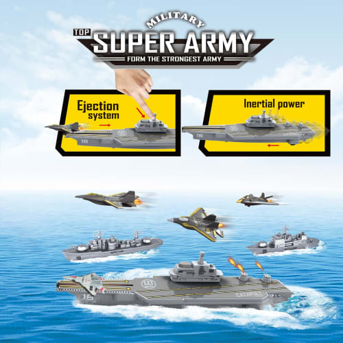 WASK Army Toys for Boys - Military Aircraft Carrier Toy Set, Military Navy Ship, Battleship, Supply Ship, Fighter Plane, Aircraft Carrier Model Kit, C