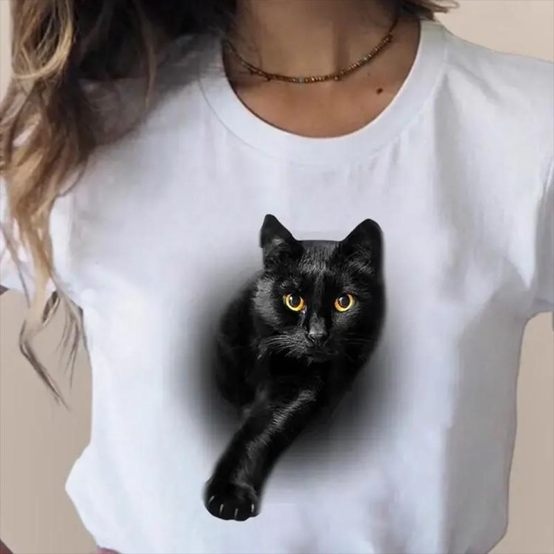 Summer Round Neck Cat Pattern Printed Top Fashionable Casual Short Sleeved Women's Pure Cotton T-shirts