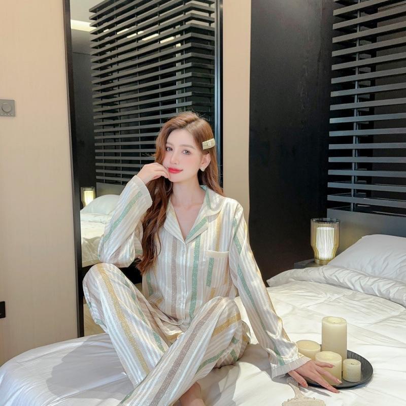 New women's ice silk striped long-sleeved trousers pajamas set cardigan Korean version of high-end simple loungewear