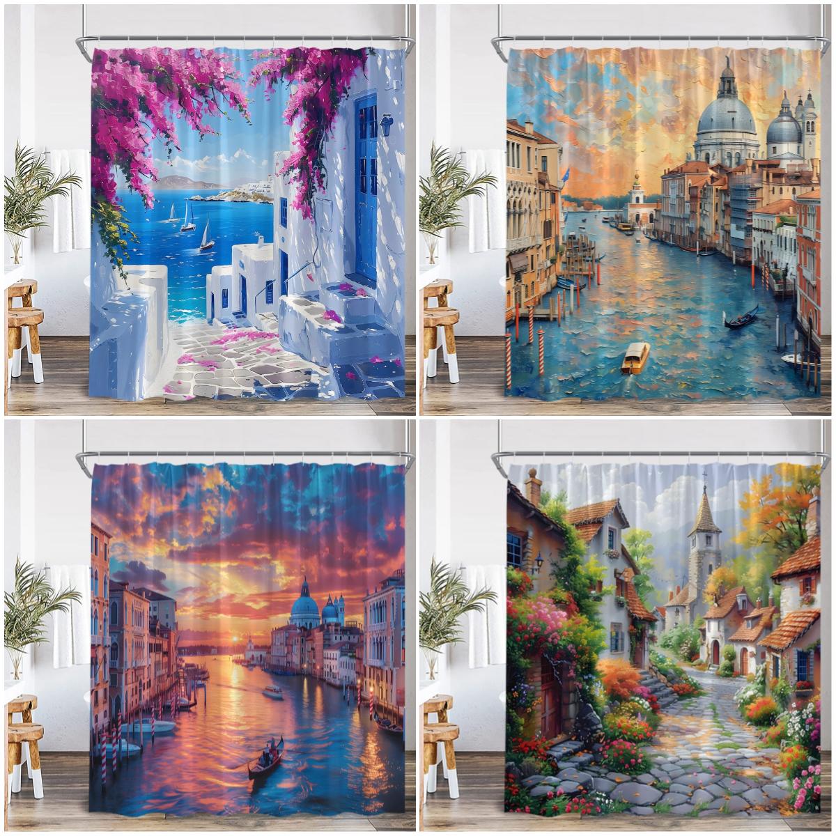 Monika Chen Greek Town Scenery Oil Painting Shower Curtain Venice Italy Street View European Landcape Bathroom Decor Polyester Bath Curtain