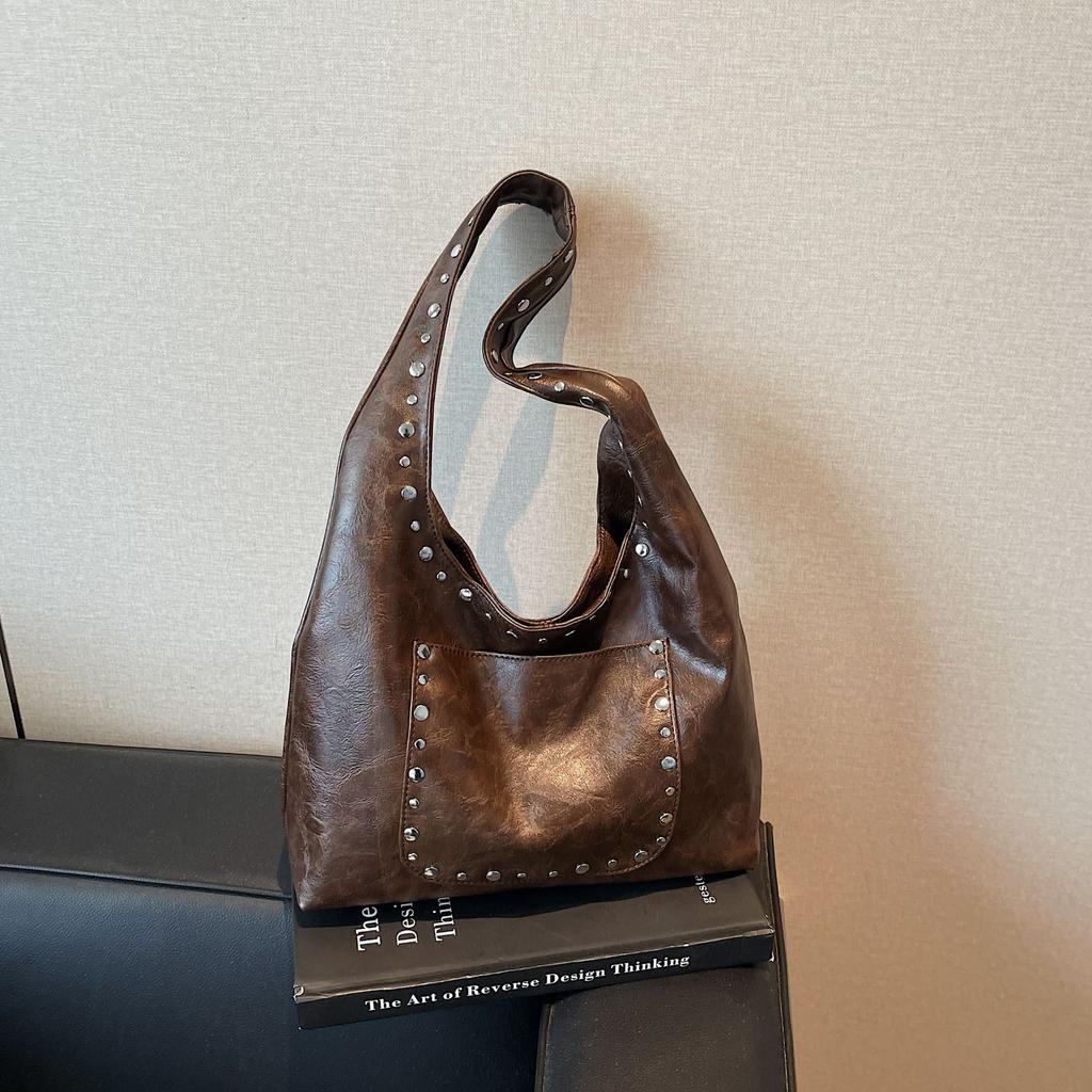 Women's Retro Rivet Crossbody Tote Bag - Large Capacity Shoulder Bag with Snap Closure Versatile Commuting Travel Shopping Bag, Crossbody Purse