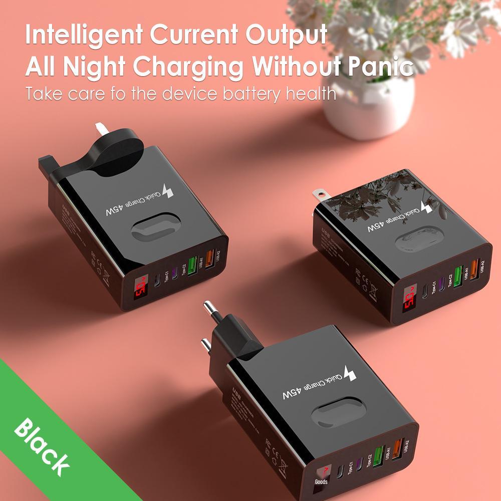 USB Multi-Port Charging Head with Digital Display, EU/UK Standard, 2PD+2U Ports, 3.1A Mobile Charger