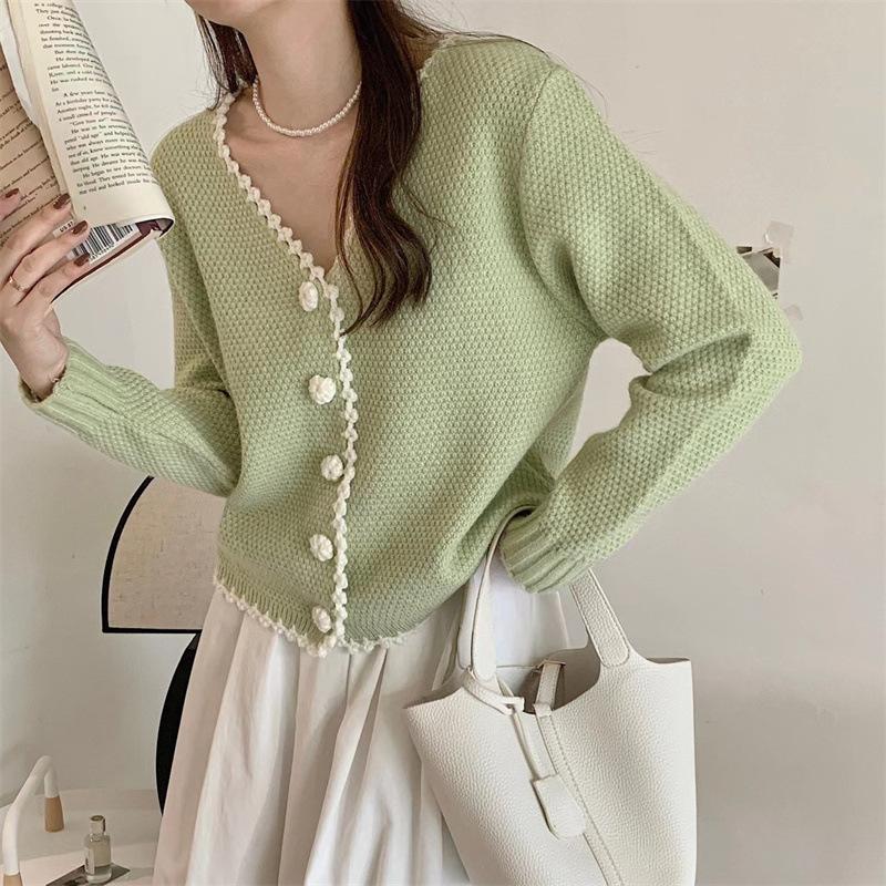 

Милая короткая часть небольшого свежего V-образного выреза вязаный кардиган женский осенний маленький ароматный ветер свободный свитер куртка женский One size зелёный