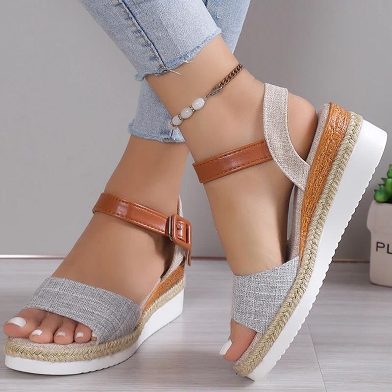 Fashion 2025 Women's Sandals Peep Toe Wedges Heels Sandals Summer Shoes Woman Low Platform Sandalias Mujer Non-slip Hemp Heeled Shoes