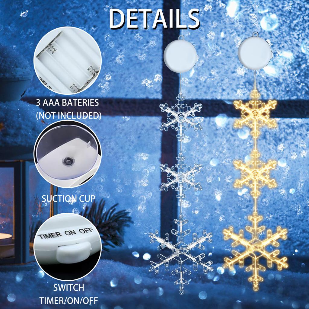 Christmas Window Decorations, 3 Pc Snowflake Christmas Window Lights With Suction Cup, LED Battery Operated Christmas Lights Indoor Outdoor Xmas Tree