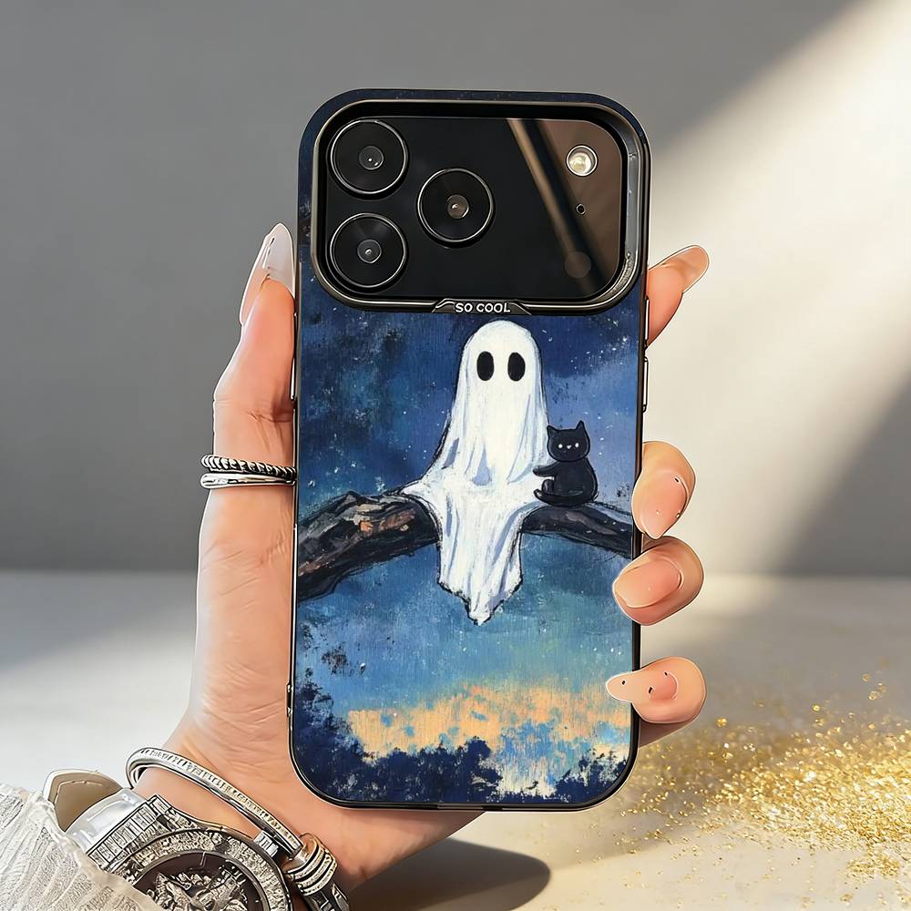 O-Oil Painting C-Cute G-Ghosts Lovely Phone Case For iPhone17 16 15 14 13 12Pro Max Grey Black Matte Laser Metallic Aurora Funda