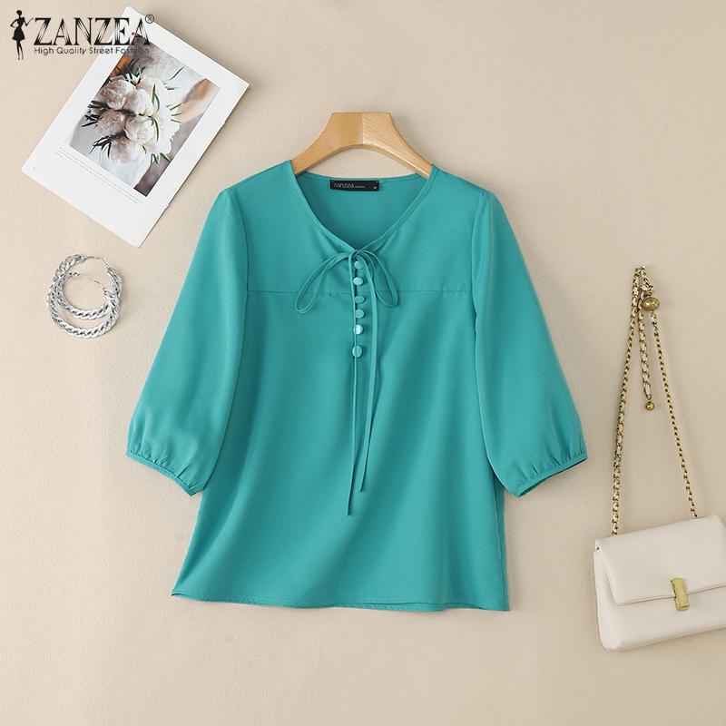 ZANZEA Women Casual Round Neck Solid Color 3/4 Sleeve Summer Blouse