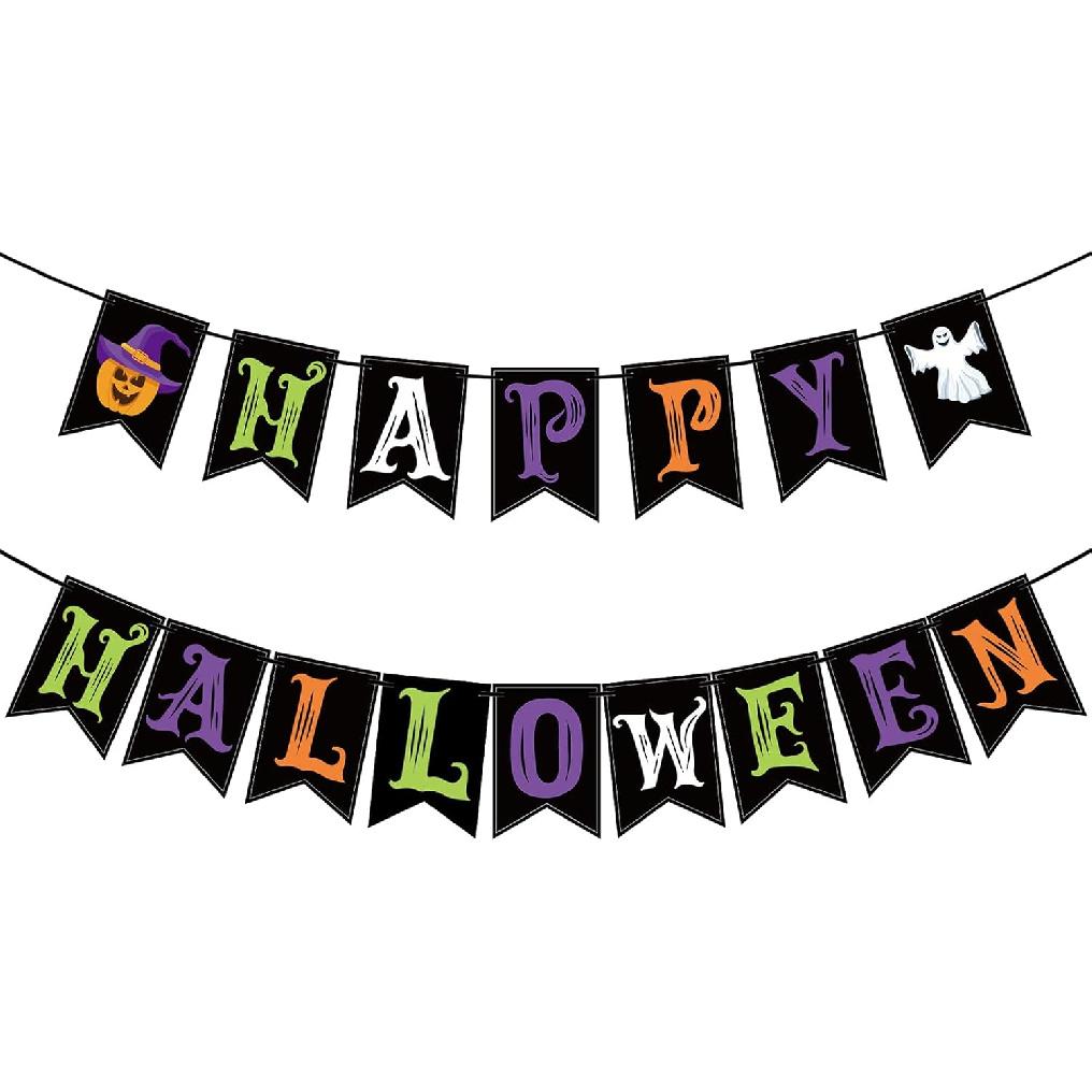 Halloween Decorations Indoor for Party, Happy Halloween Banner Decor, Scary Hanging Banner with Pumpkin Ghost Decorations for Office Home Room Mantel