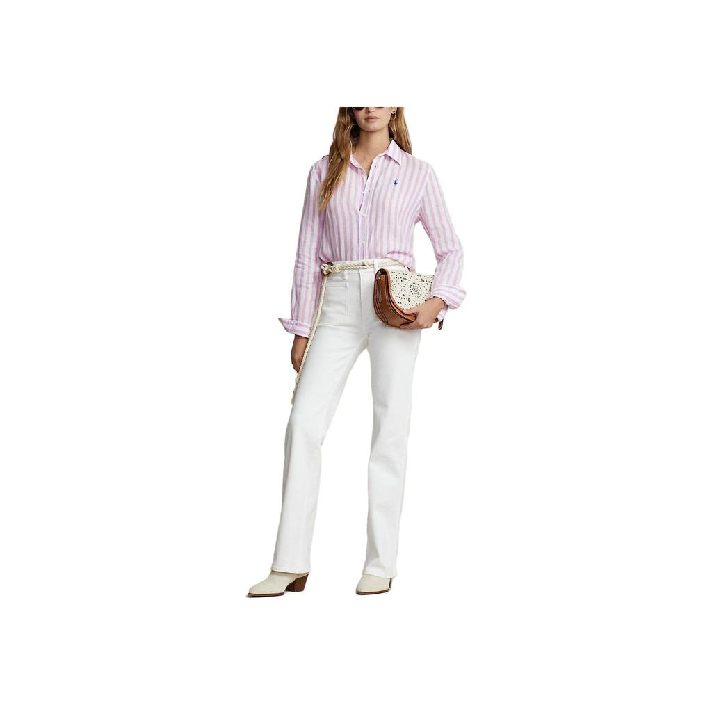Polo Ralph Lauren SS23 Striped Badge Embroidered Single-Breasted Long Sleeve Shirt Women Shirts Light-Pink WMPOSHTNDO20394-999