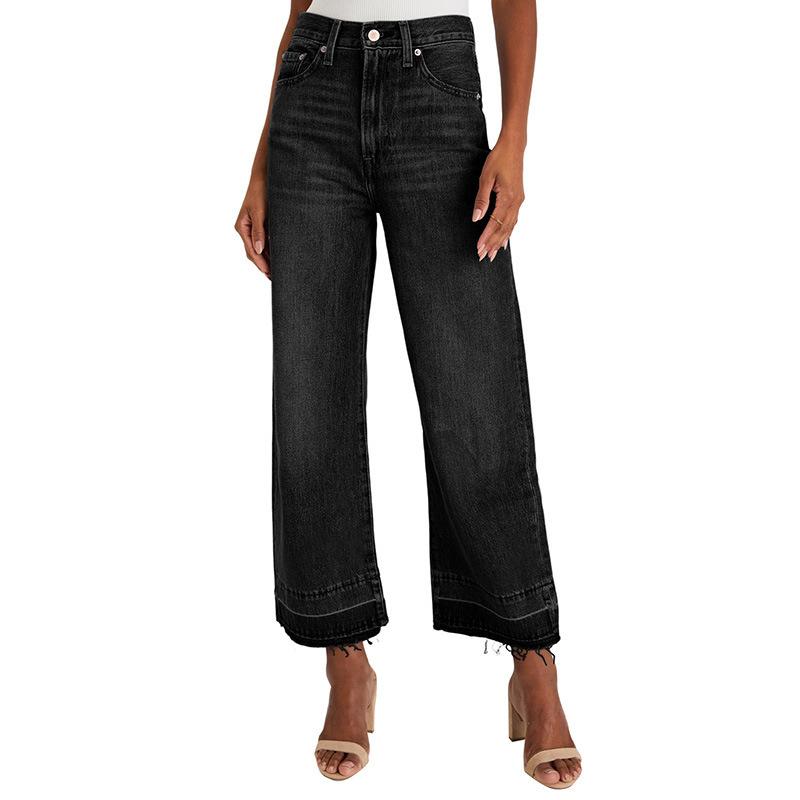 Women s High Rise Wide Leg Jeans Raw Hem Casual Denim Trousers With Pockets S