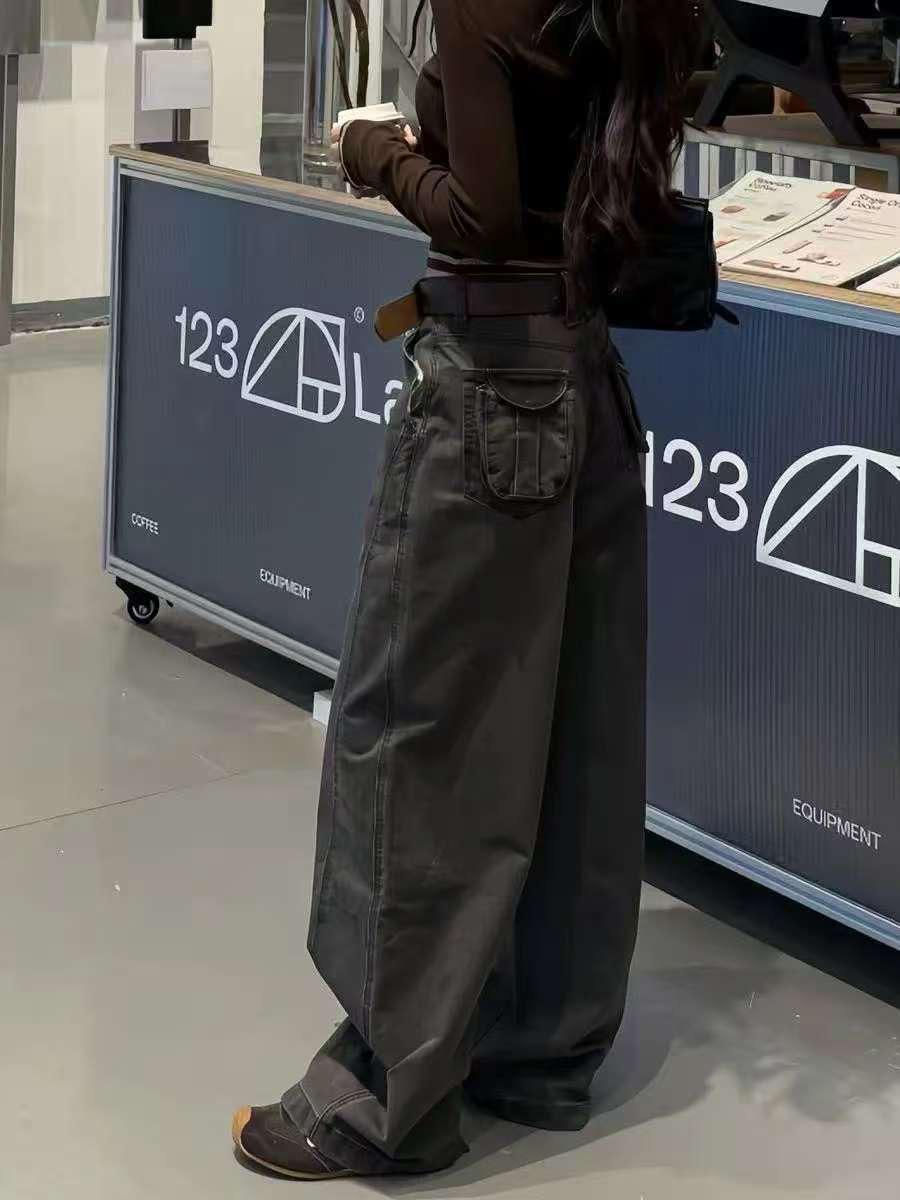 

American Retro Wide-Leg Women s Jeans: Autumn Design with Pockets, Loose Straight Floor-Length Fit XL