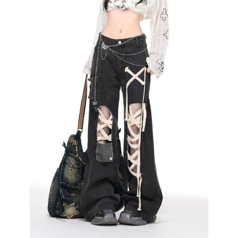 Women's New High-Waisted Wide-Leg Pants Punk Black Strap Distressed Ripped Jeans