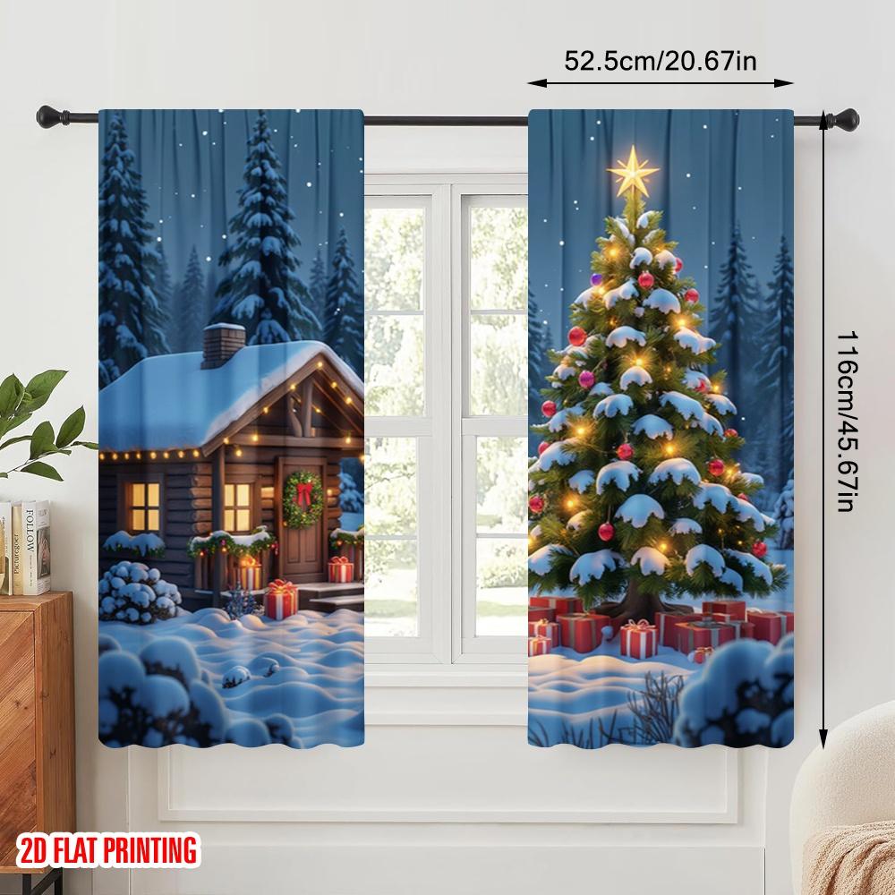Set Of 2 Flat Printing Drapes Day Christmas House View Polyester Without Electricity Birthday Party Use Room Bedroom Wall Curtain For Master Made