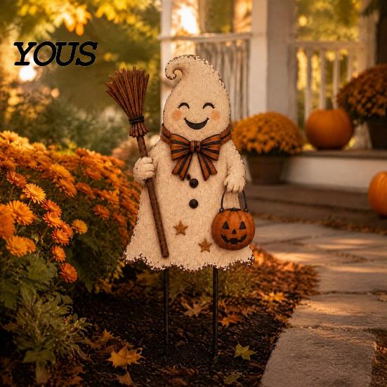 Fun Garden Decorations Halloween Cute Ghost Ground Stakes, Metal Yard Art Sculpture with Pumpkin/Broomstick Elements for Outdoor Decorative Ornaments