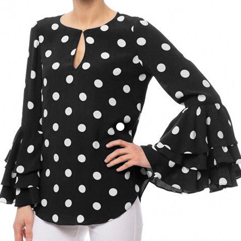 European & American Polka Dot Bell Sleeve Plus Size Chiffon Blouse