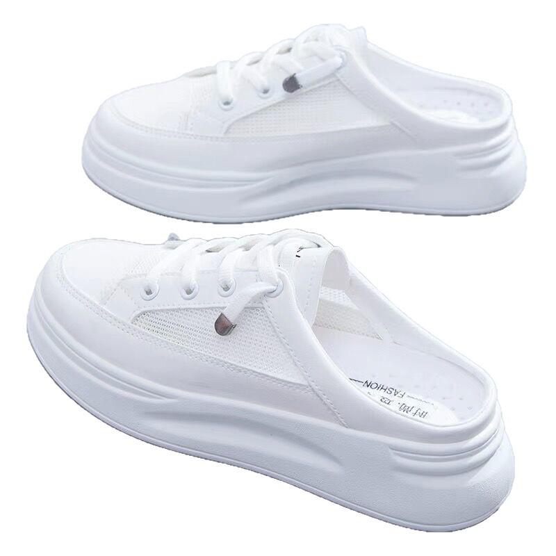 2025 spring and summer new little white shoes women's shoes platform outer wear without heel mesh casual shoes bag head half slippers women