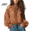 Skin Friendly Shirts Women Fall Cold Shoulder Shirt, Vintage Ethnic Print High Collar Blouse, Casual Ruffle Lantern Sleeve Top Ladies