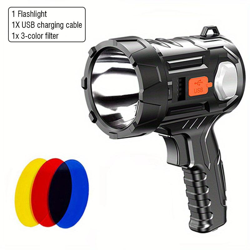 Super Bright Rechargeable LED Spotlight with Long-Lasting Battery - for Outdoor Camping and Floodlighting With 3-Color Filter