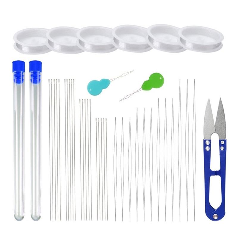 Long Straight Beading Needle and Big Eye Beading Needle Set with Needle Bottle, Thimble, Threader for Jewelry Making